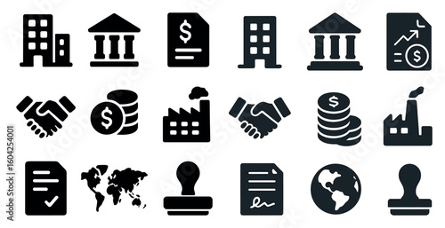 Business and finance icons set – solid, silhouette, corporate and economic symbols