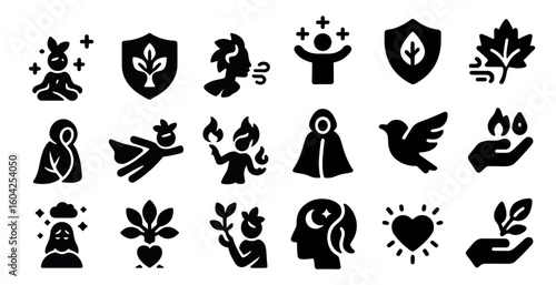 Meditation and wellness solid icons set – filled, yoga, holistic healing symbols