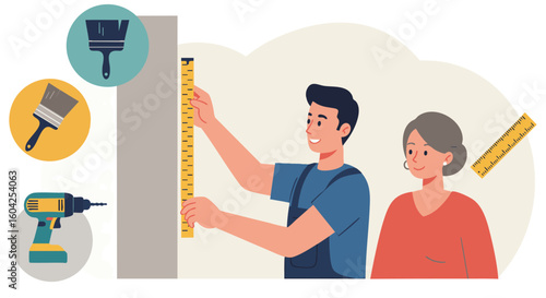 Home Renovation Man Measuring Wall Senior Woman Observing