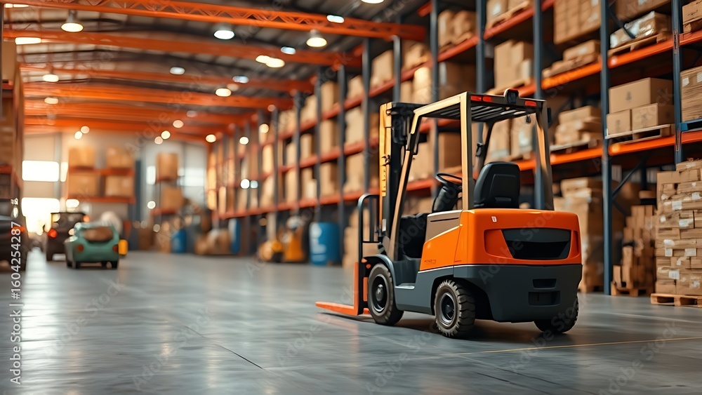 Fototapeta premium Industrial warehouse scene with a forklift, highlighting logistics in natural ambient light.