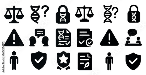 Legal and compliance solid icons set – filled, security, law symbols