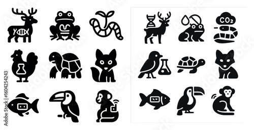 Wildlife science icons set – filled, solid, biology and ecology symbols