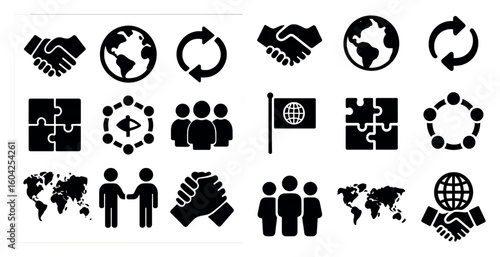Business and global solid icons set – filled, silhouette, teamwork and cooperation symbols