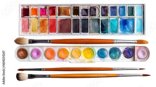 Artistic Watercolor Palette and Brushes: A flat lay of a watercolor palette and brushes, perfect for an artist's workspace, isolated on a Transparent background, PNG file.