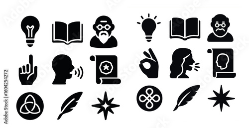 Educational and learning silhouette icons set – solid, filled, academic symbols