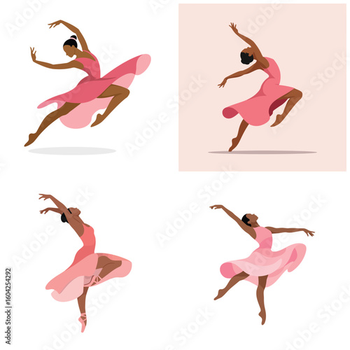 Four stylized illustrations of a Black ballerina in a pink dress performing graceful ballet poses against white and blush pink backgrounds