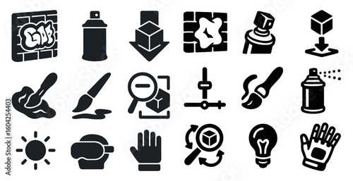 Graffiti and street art solid icons set – stencil, urban, spray paint symbols