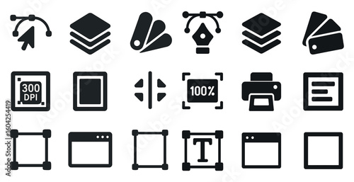 Graphic design tool solid icons set – filled, essential editing, vector symbols