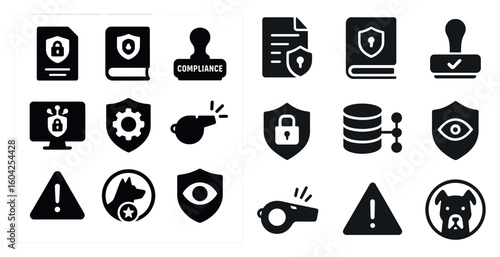 Security and compliance solid icons set – filled, protection, data safety symbols