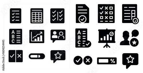 Business and analytics solid icons set – filled, data, reporting symbols