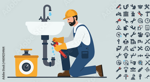 Plumber Fixing Leaking Sink Pipe with Wrench Service