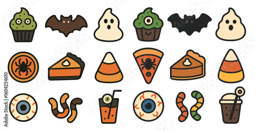 Halloween treats icons set in flat style – spooky, sweet, candy symbols
