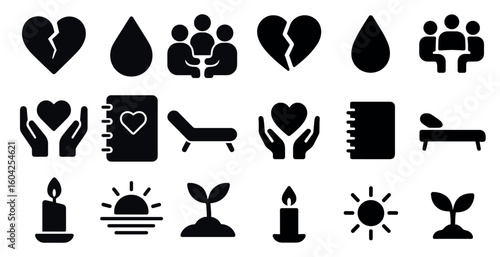 Community and healing solid icons set – silhouette, support, heart and connection symbols