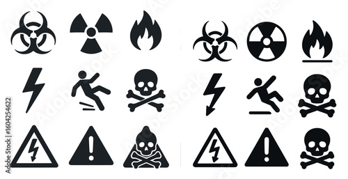 Hazard and safety silhouette icons set – filled, warning, danger symbols