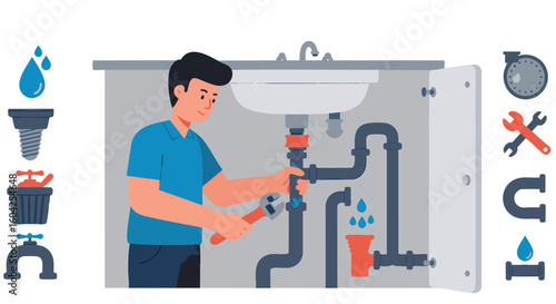 Plumber Fixing Under-Sink Pipe Leak with Wrench