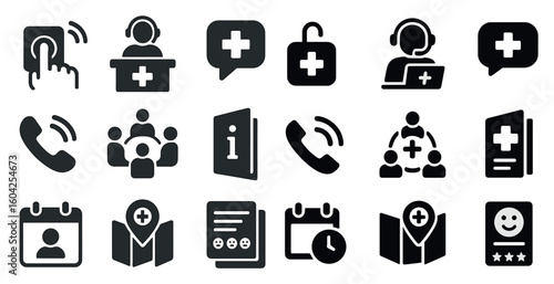 Healthcare and communication icons set – solid, filled, medical and support symbols