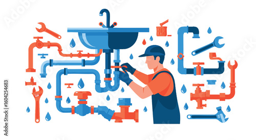 Plumber Fixing Sink Pipes Plumbing Maintenance Illustration