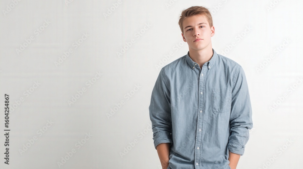 Fototapeta premium Casual Portrait of a Young Man in a Light Blue Shirt Against a Minimalist Background