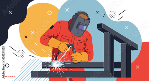 Professional Welder Working Metal Structure in Workshop Illustration