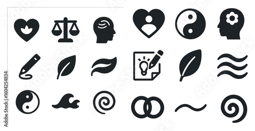 Mental health and wellness solid icons set – filled, symbols of balance and mindfulness
