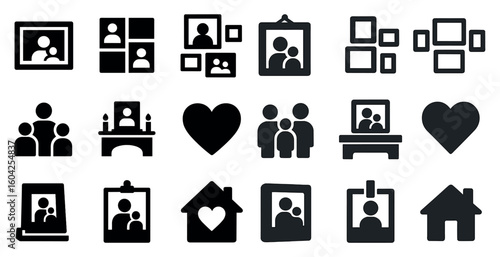 Family and home silhouette icons set – filled, solid, household, loved ones
