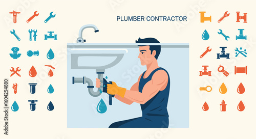 Professional Plumber Fixing Sink Pipe with Tools and Icons