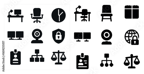 Office and security solid icons set – filled, workplace, data protection symbols