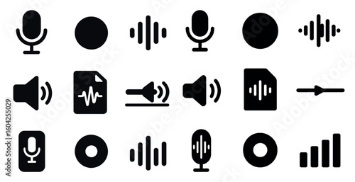 Audio and music solid icons set – filled, silhouette, sound wave and speaker symbols