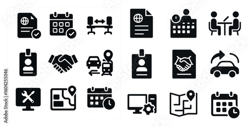 Business and office solid icons set – flat, filled, corporate and work symbols