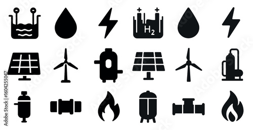 Renewable energy solid icons set – filled, sustainable, eco-friendly symbols