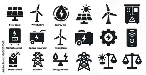 Energy and sustainability solid icons set – silhouette, power, renewable solutions
