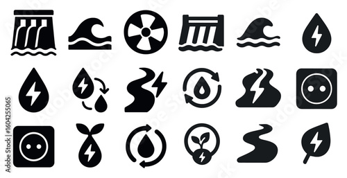 Renewable energy solid icons set – eco, sustainable, power symbols in flat design