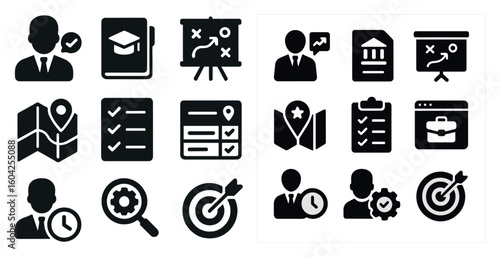 Business management icons set in solid style – flat, silhouette, corporate symbols