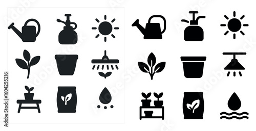 Gardening tools silhouette icons set – solid, filled, plant and nature symbols