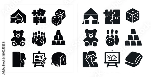 Recreation and play solid icons set – silhouette, filled, leisure symbols