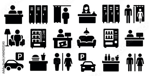 Office and workplace silhouette icons set – filled, solid, business and coworking symbols