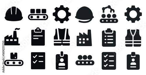 Construction and industry solid icons set – machinery, safety, engineering symbols