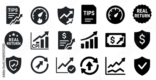 Financial growth solid icons set – metrics, economy, business analytics symbols
