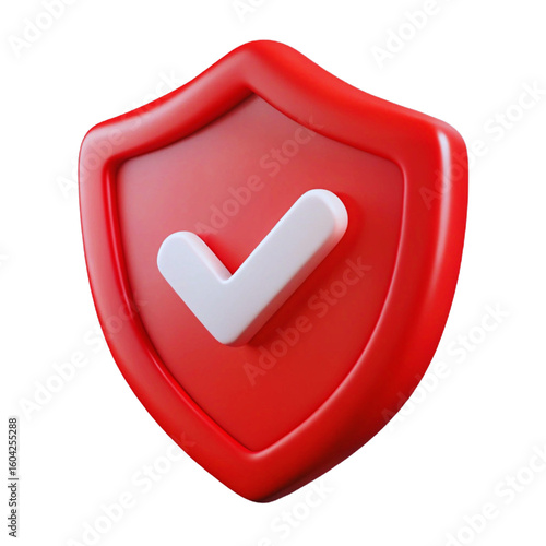 Red shield with white check mark symbol isolated on a transparent background security protection