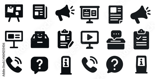Office and communication solid icons set – filled, business, workplace symbols