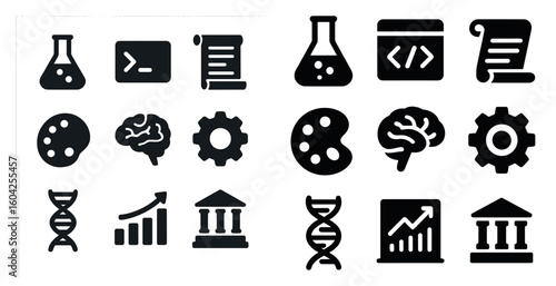 Science and technology solid icons set – filled, research and education symbols