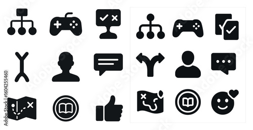 Navigation and communication silhouette icons set – filled, solid, directional symbols