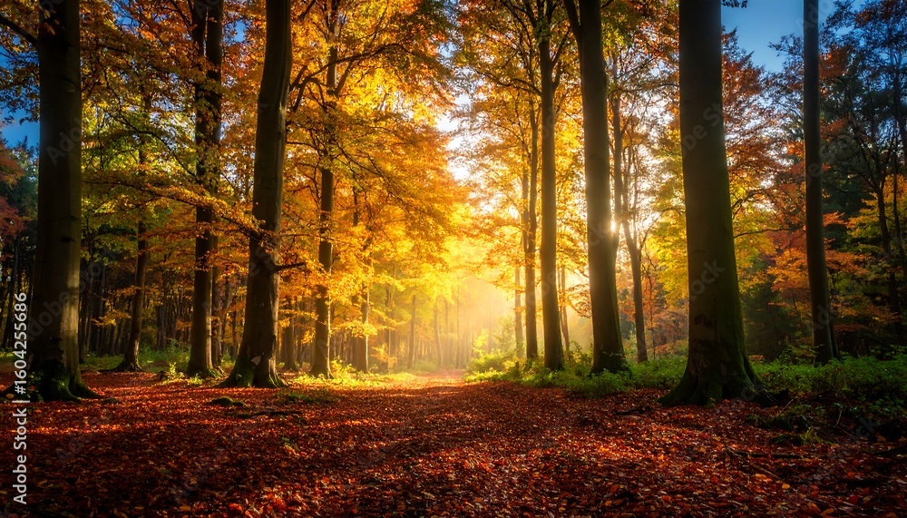 Obraz premium Autumn forest path bathed in sunlight (2)