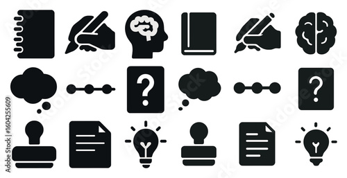 Creative thinking solid icons set – flat, filled, ideas and innovation symbols