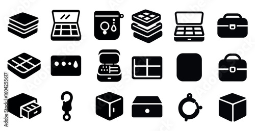Business tools solid icons set – professional, filled, corporate symbol collection