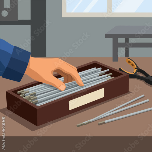 Hand Picking Metal Rods From Brown Box in Gray Workshop