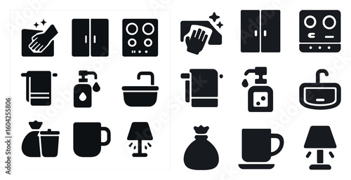 Household and kitchen solid icons set – cleaning, domestic, home symbols