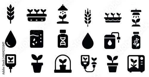 Plant and gardening solid icons set – filled, horticulture, botanical elements