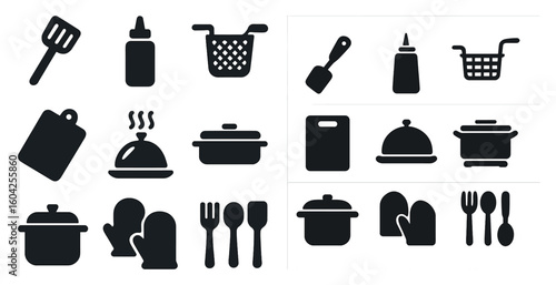 Kitchen and cooking solid icons set – filled, culinary and cookware symbols