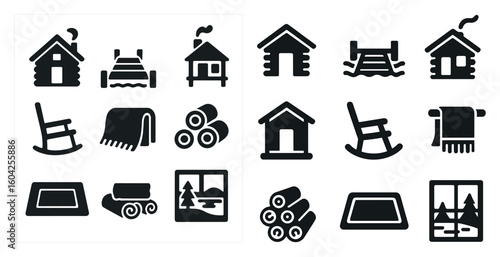 Cozy cabin solid icons set – filled, home, winter and rustic design symbols